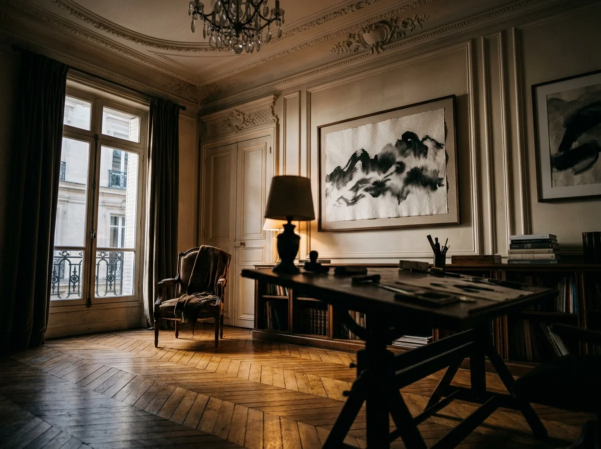 Bureau parisien haussmannien avec monoprint wabi-sabi encre sur papier japonais, parquet chevrons, plafonds hauts