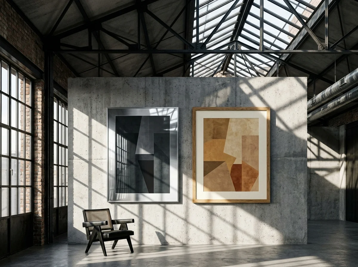 Comparaison cadre aluminium métal et cadre bois clair dans un loft industriel - contraste de la réflexion lumineuse