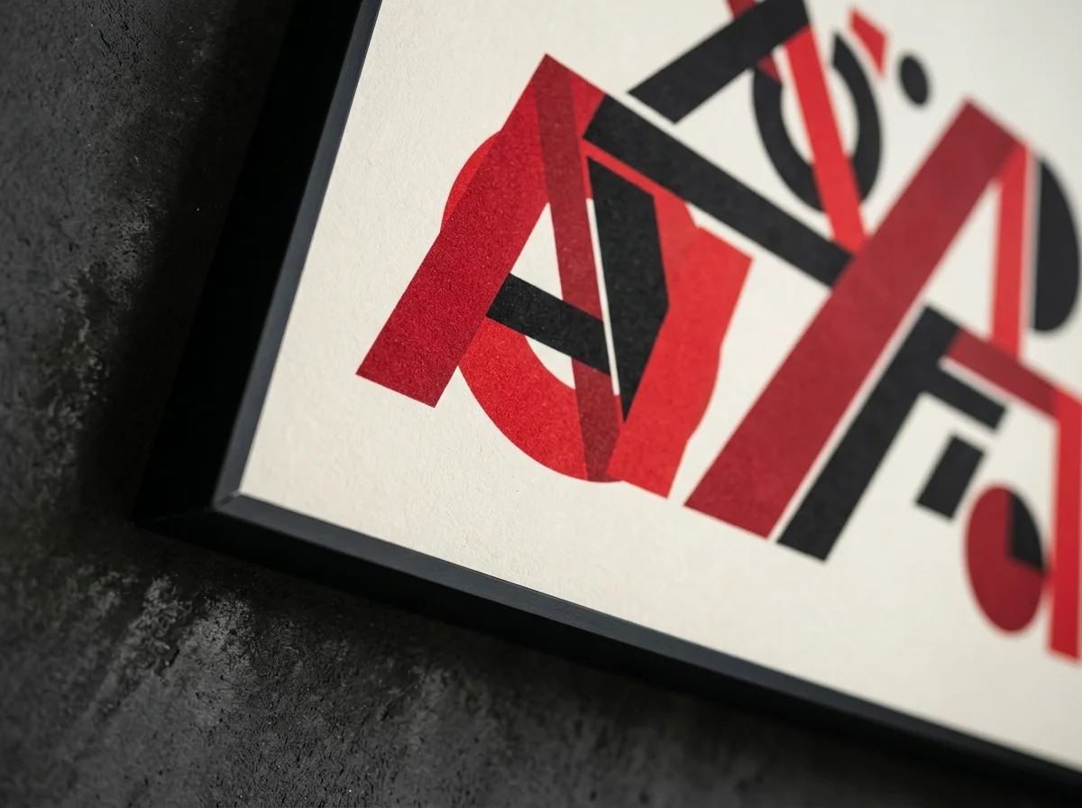 Gros plan cadre aluminium noir mat verre anti-reflet avec œuvre constructiviste géométrique rouge et noir, mur béton