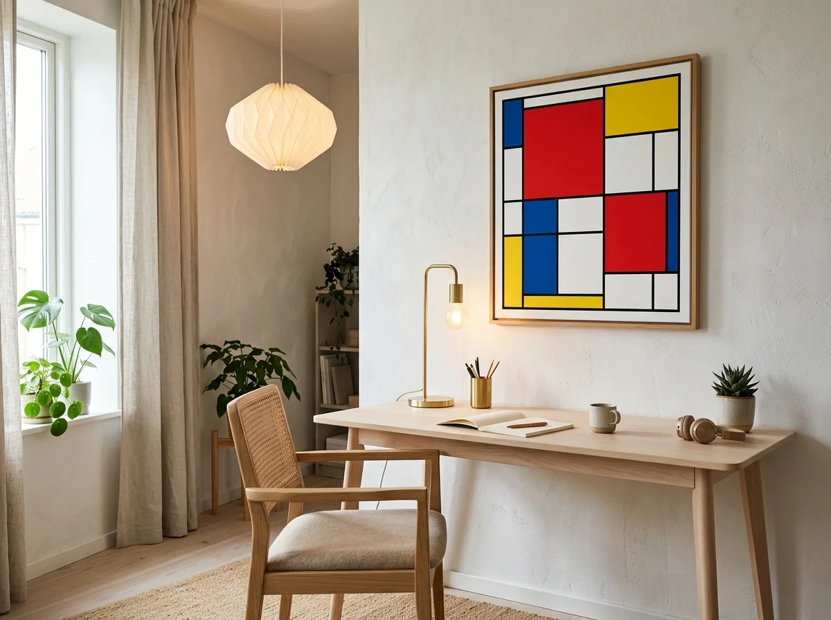 Bureau de travail Japandi en bouleau clair avec affiche géométrique Mondrian rouge bleu jaune et lampe de bureau