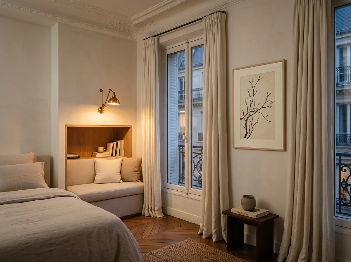 Affiche monoprint branches encadrée en frêne clair avec passe-partout dans une chambre haussmannienne parisienne