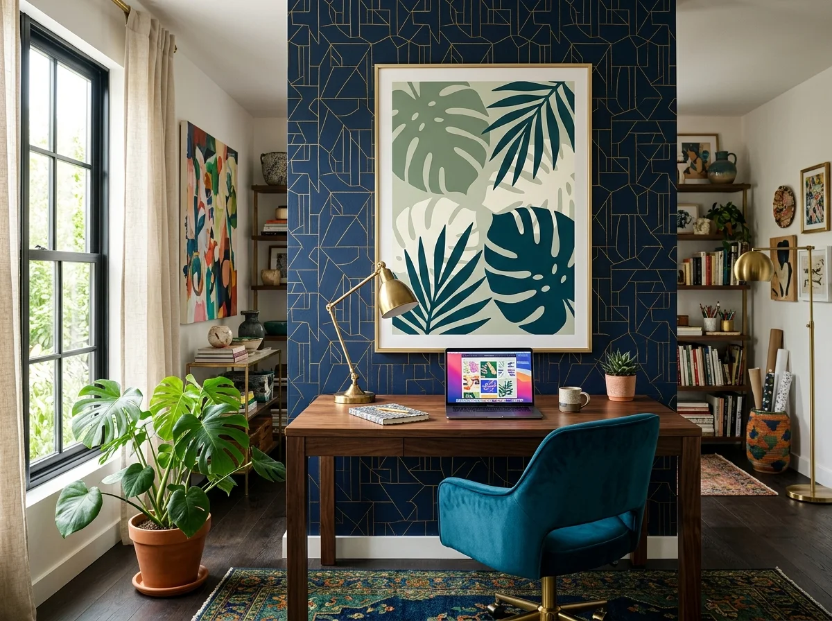 Espace de travail home office maximaliste avec bureau en bois, ordinateur, fauteuil velours teal et affiche botanique monstera