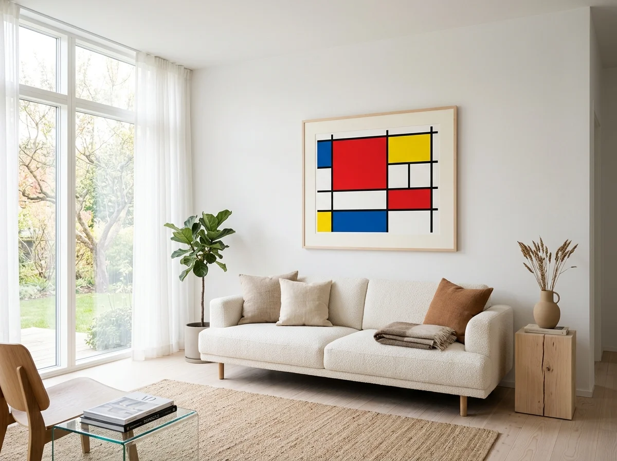 Grande affiche géométrique encadrée en érable clair dans un salon scandinave - règle des deux tiers en pratique