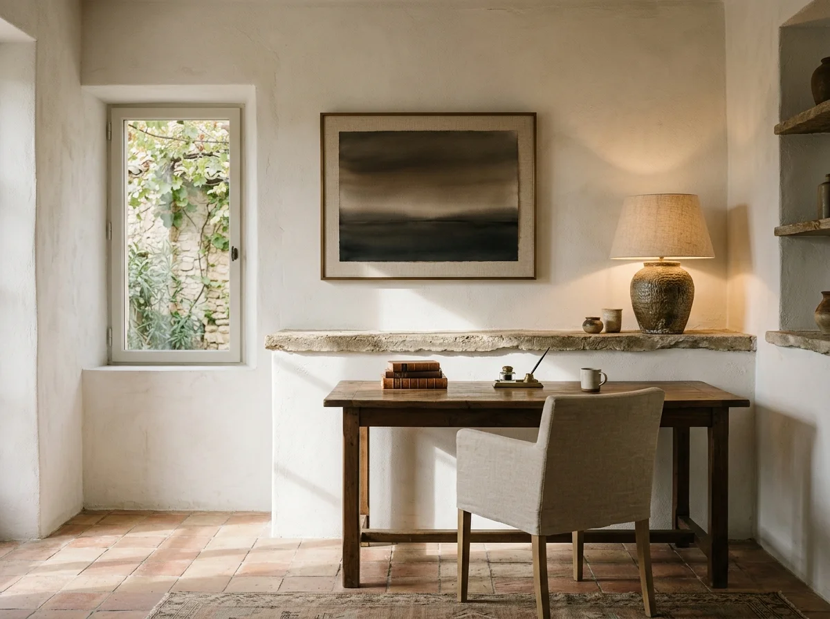 Bureau provençal avec tirage tonal sépia-charbon dans un cadre bronze, carreaux terracotta, murs en plâtre minéral blanc