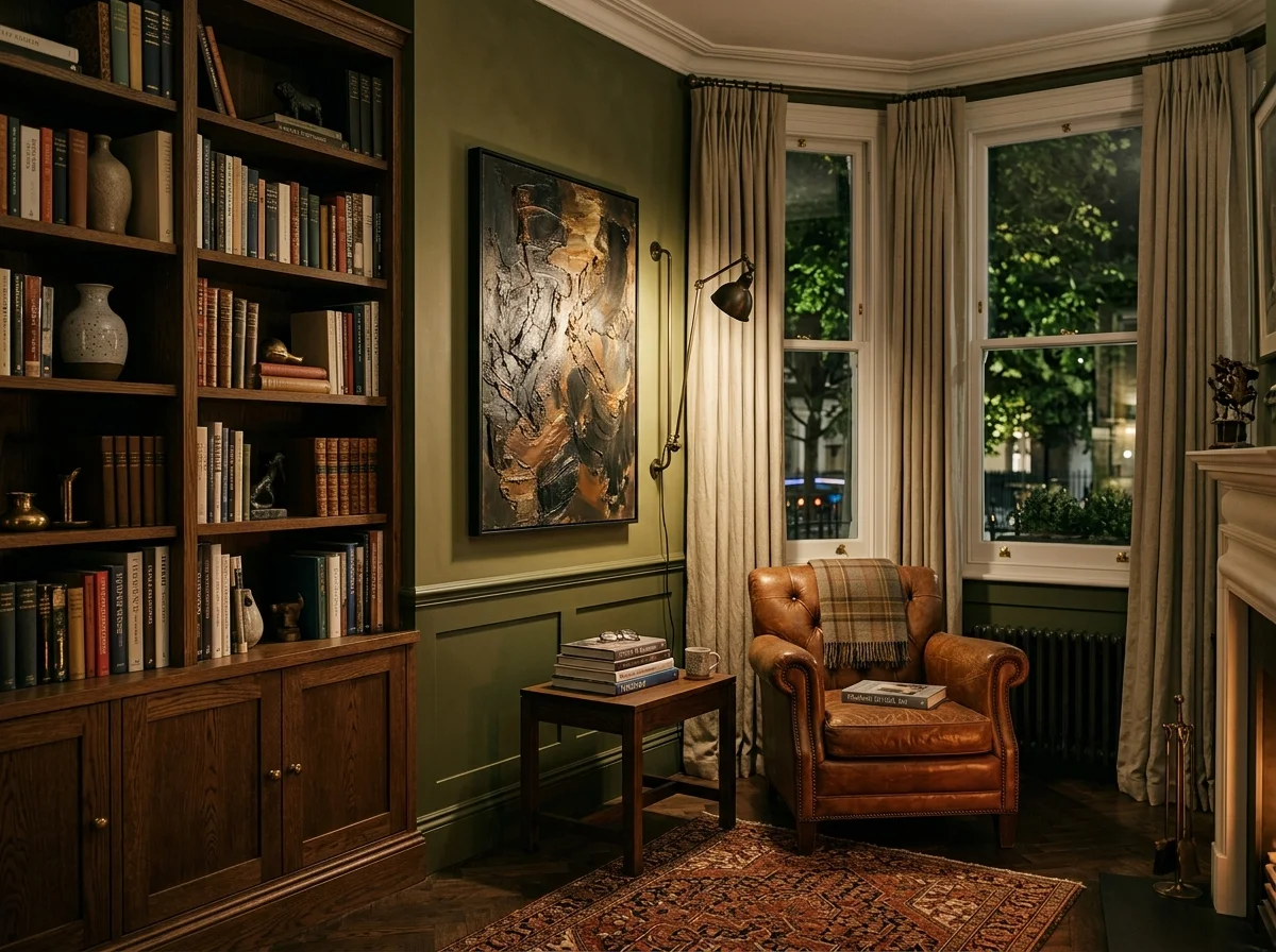 Bibliothèque British Chic avec oeuvre abstraite noire texturée sur mur vert - hommage Soulages Outrenoir