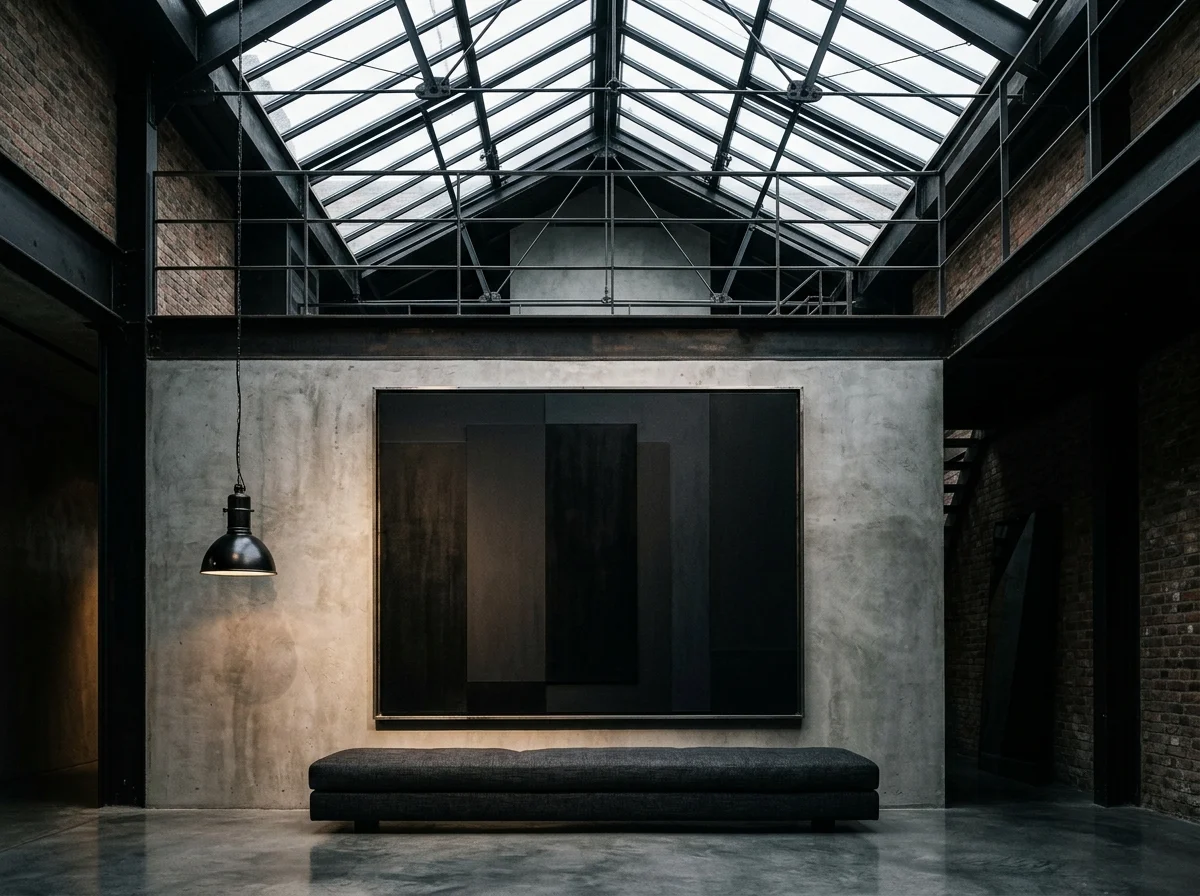 Loft industriel verrière acier avec grande oeuvre noire abstraite sur mur béton - art contemporain abstrait