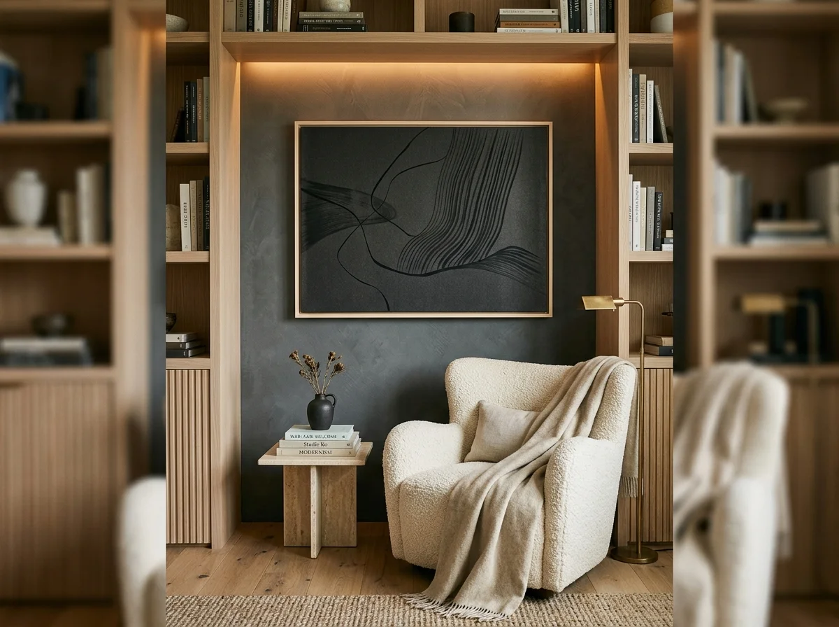 Niche lecture Quiet Luxury avec oeuvre abstraite noire linéaire - chaise boucle laine ivoire