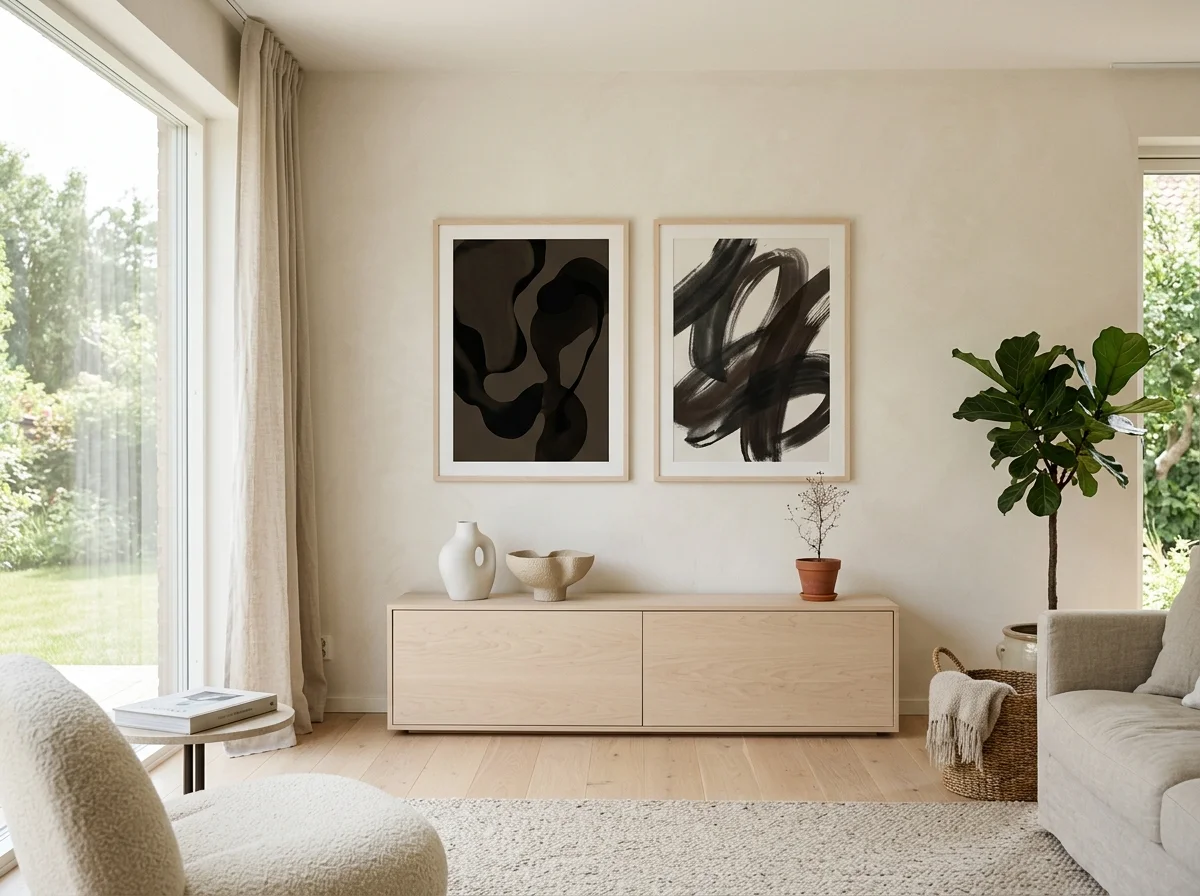 Salon scandinave lumineux avec deux tirages abstraits noirs en diptyque au-dessus d'un buffet en bouleau