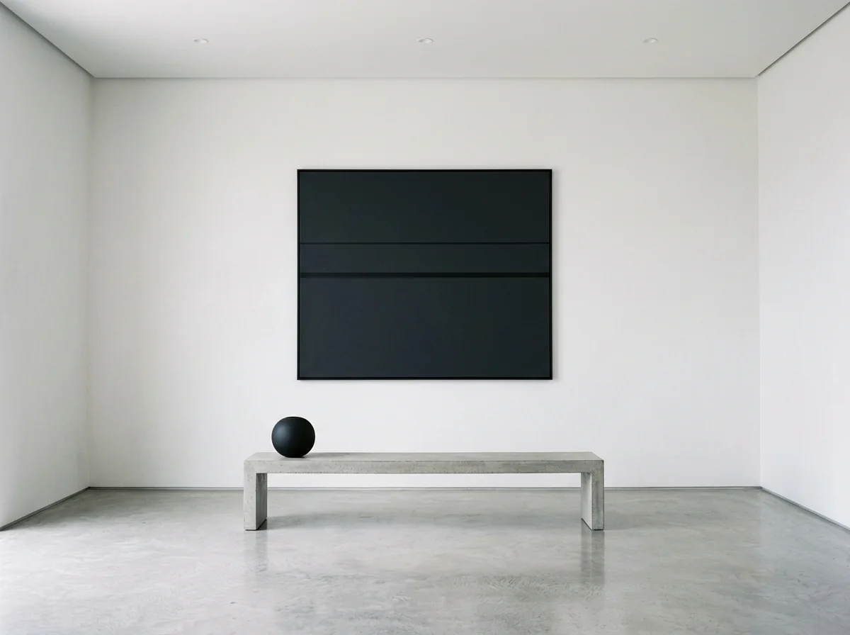 Intérieur minimaliste contemporain avec grande oeuvre abstraite noire sur mur blanc - banc béton
