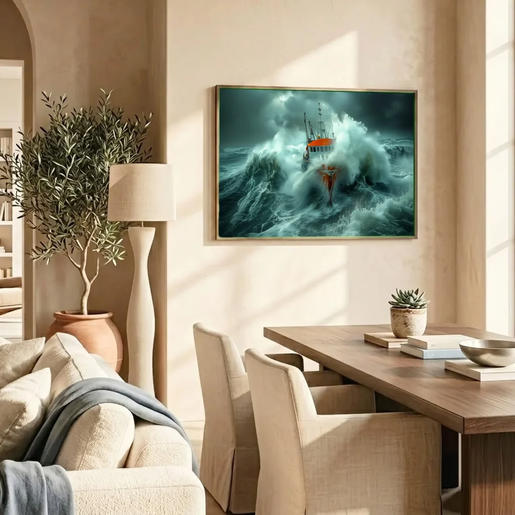 Chalutier dans la tempête en situation décorative