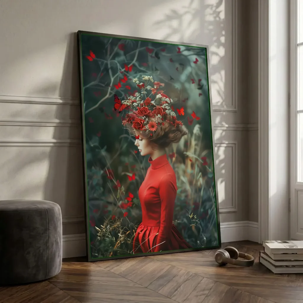 Femme aux papillons en situation décorative