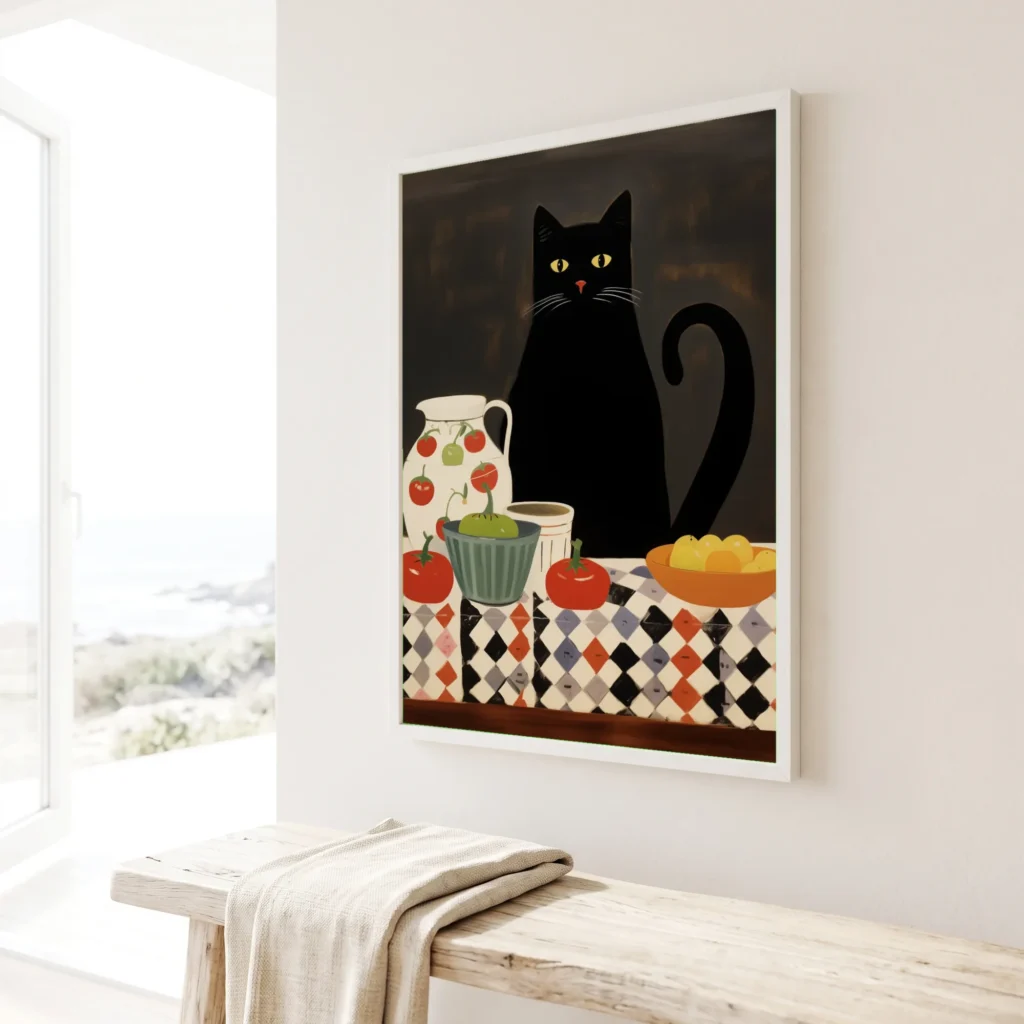 Le chat attablé en situation décorative
