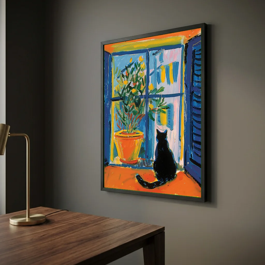 Le chat noir à la fenêtre en situation décorative