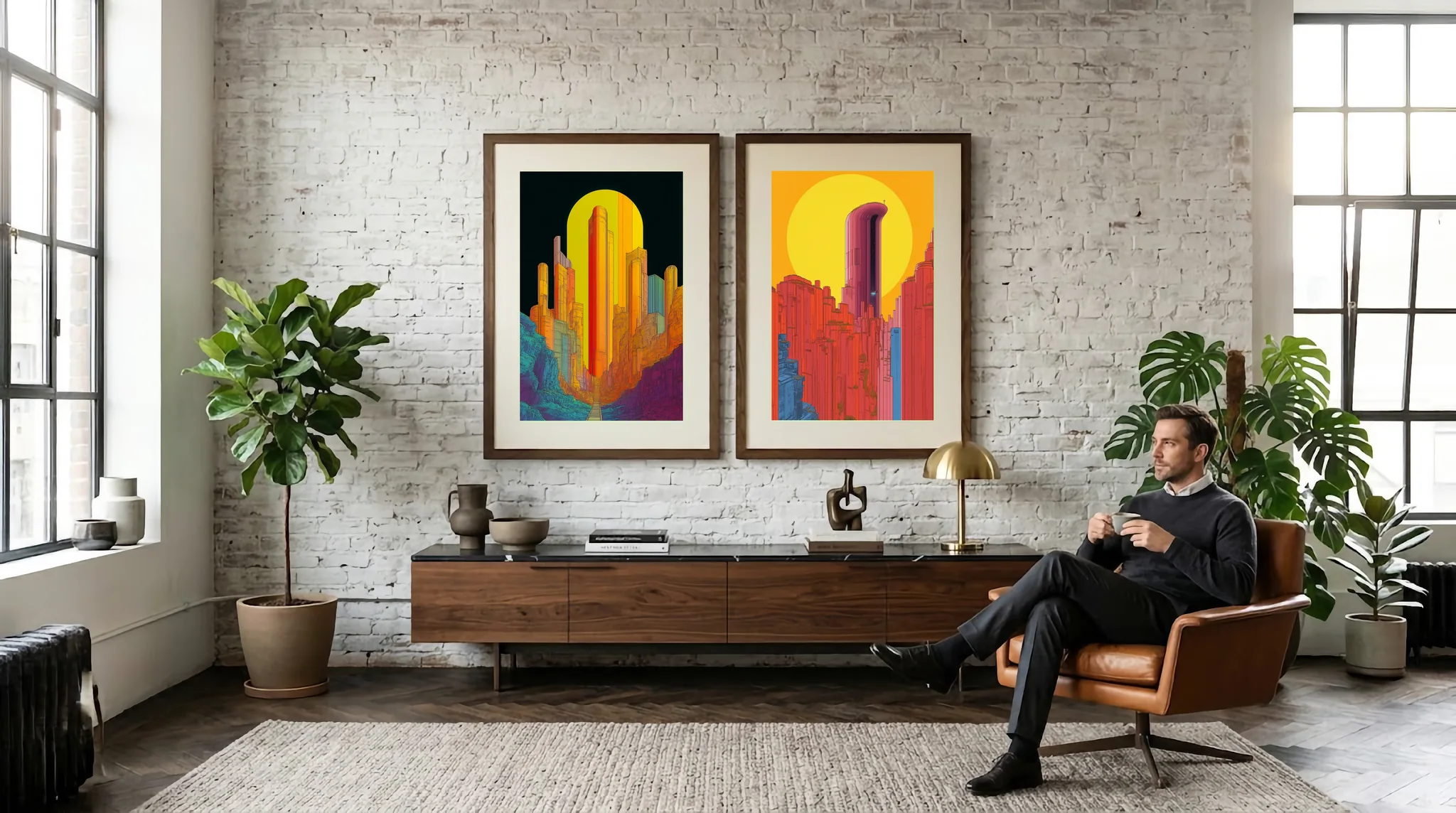 Mise en situation du diptyque La Cité Orange et La Cité Rouge dans un loft contemporain en briques avec verrière
