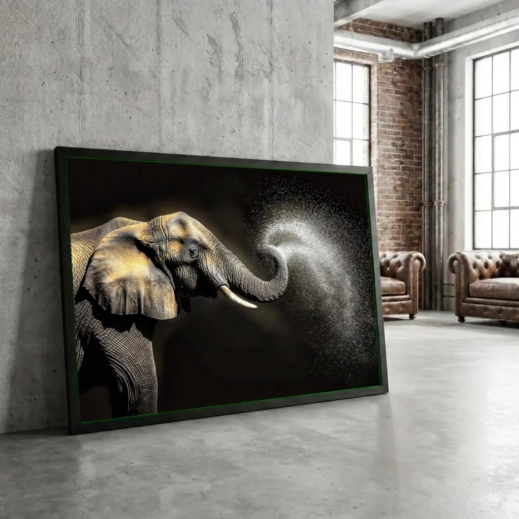 Éléphant en action en situation décorative