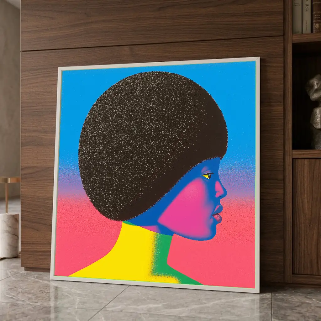 Femme bleu et rose en situation décorative