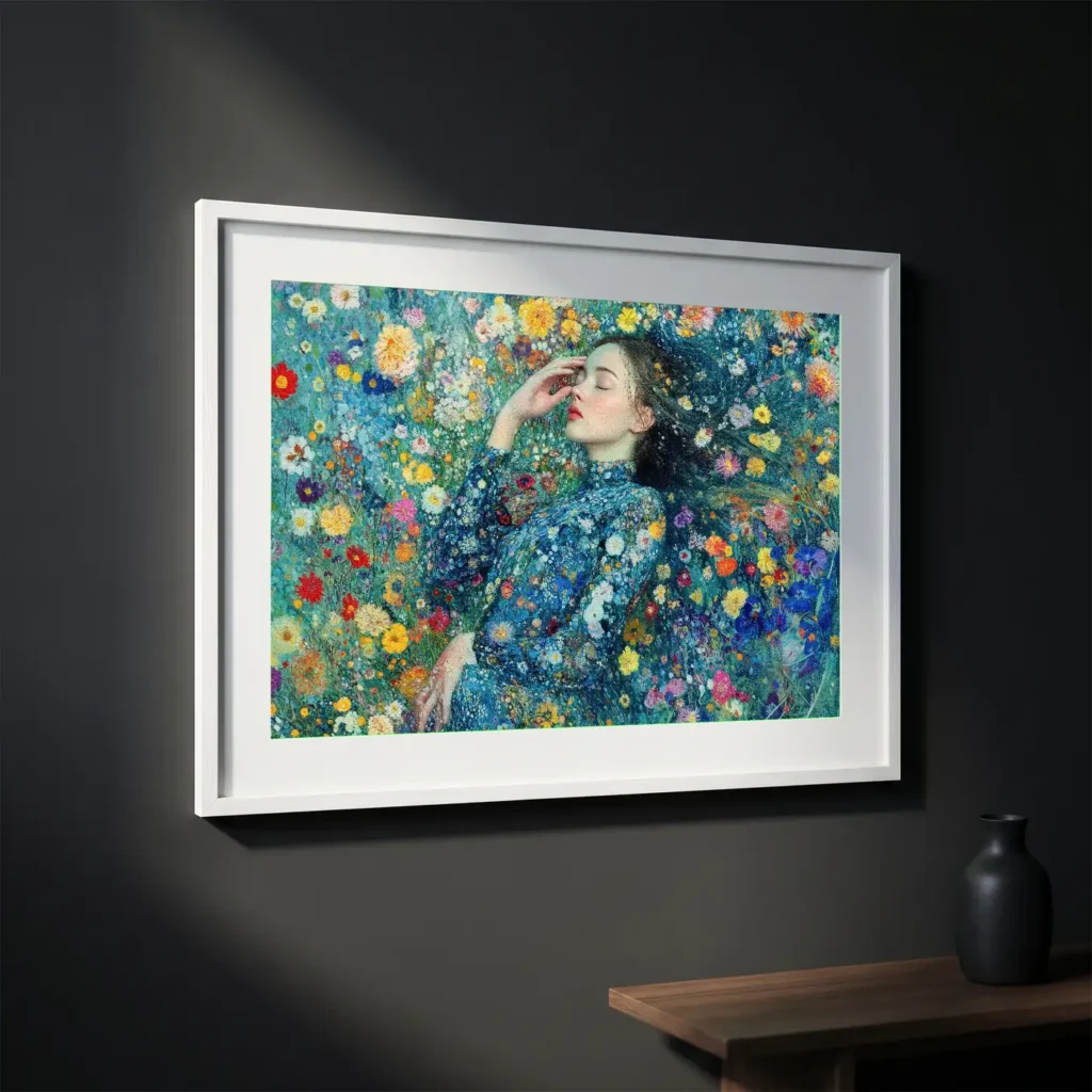 Femme endormie aux fleurs en situation décorative