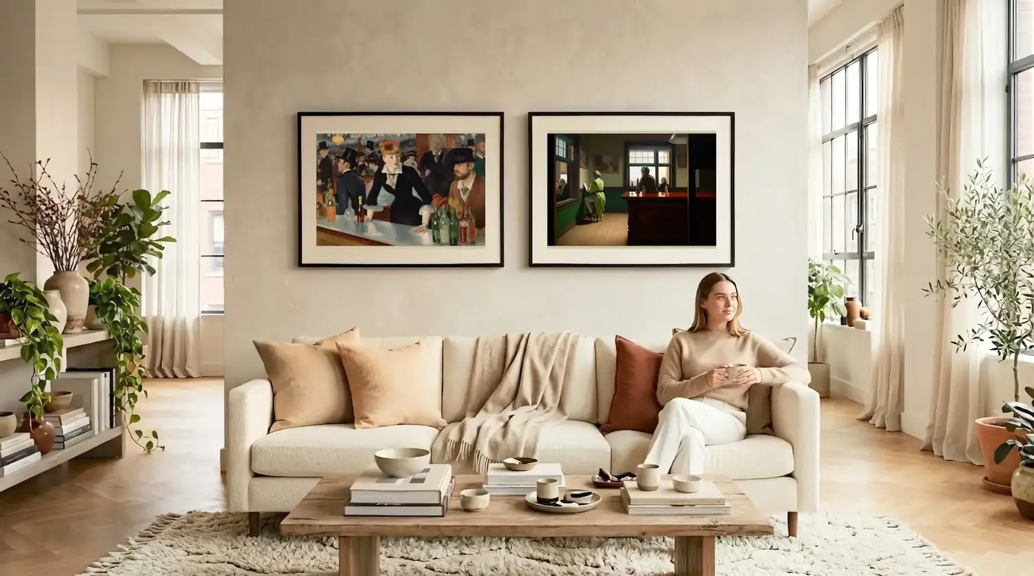 Duo de tableaux d’art contemporain inspiration Edward Hopper au-dessus d’un canapé dans un salon lumineux