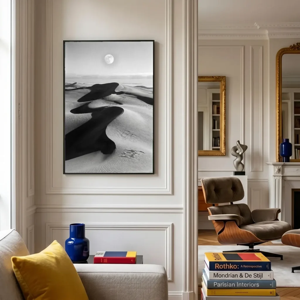 Grand format mural L'Astre des Sables au-dessus d’un canapé - Déco intérieure