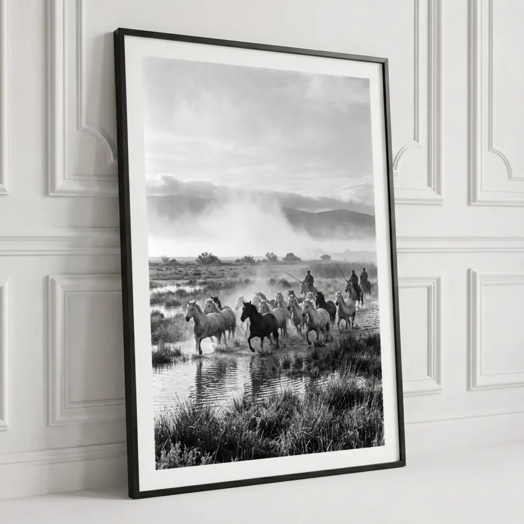 Tableau L'Élan de Camargue en situation dans un salon contemporain - Décoration murale