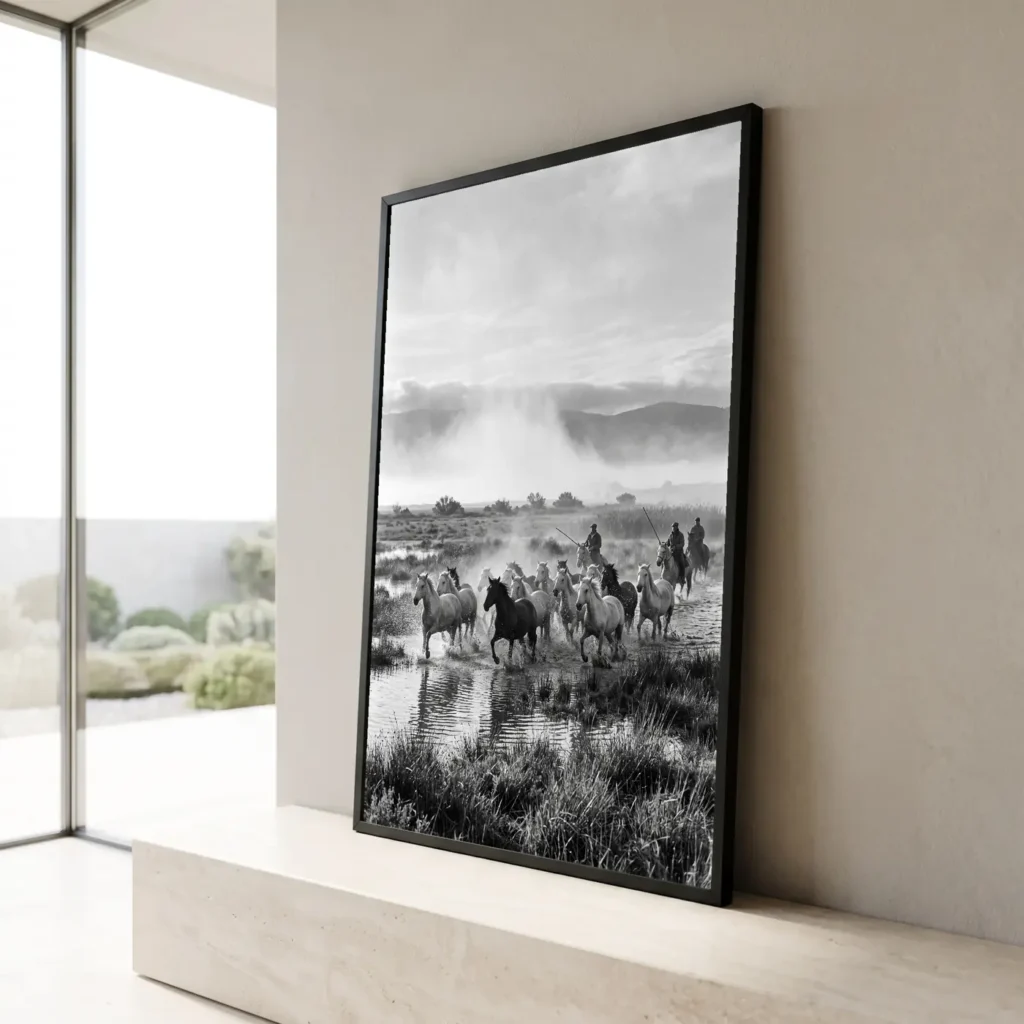 Grand format mural L'Élan de Camargue au-dessus d’un canapé - Déco intérieure