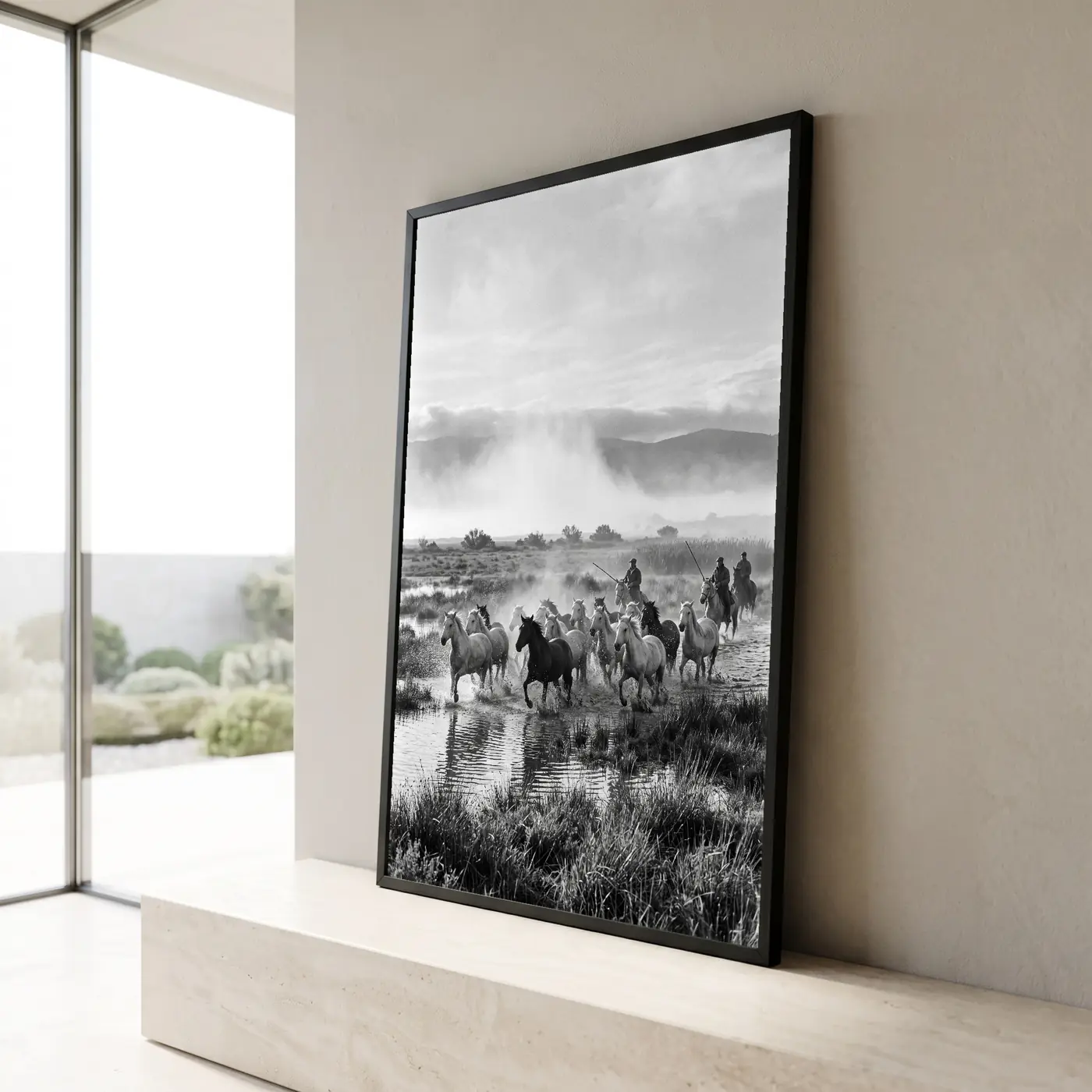 Grand format mural L'Élan de Camargue au-dessus d’un canapé - Déco intérieure
