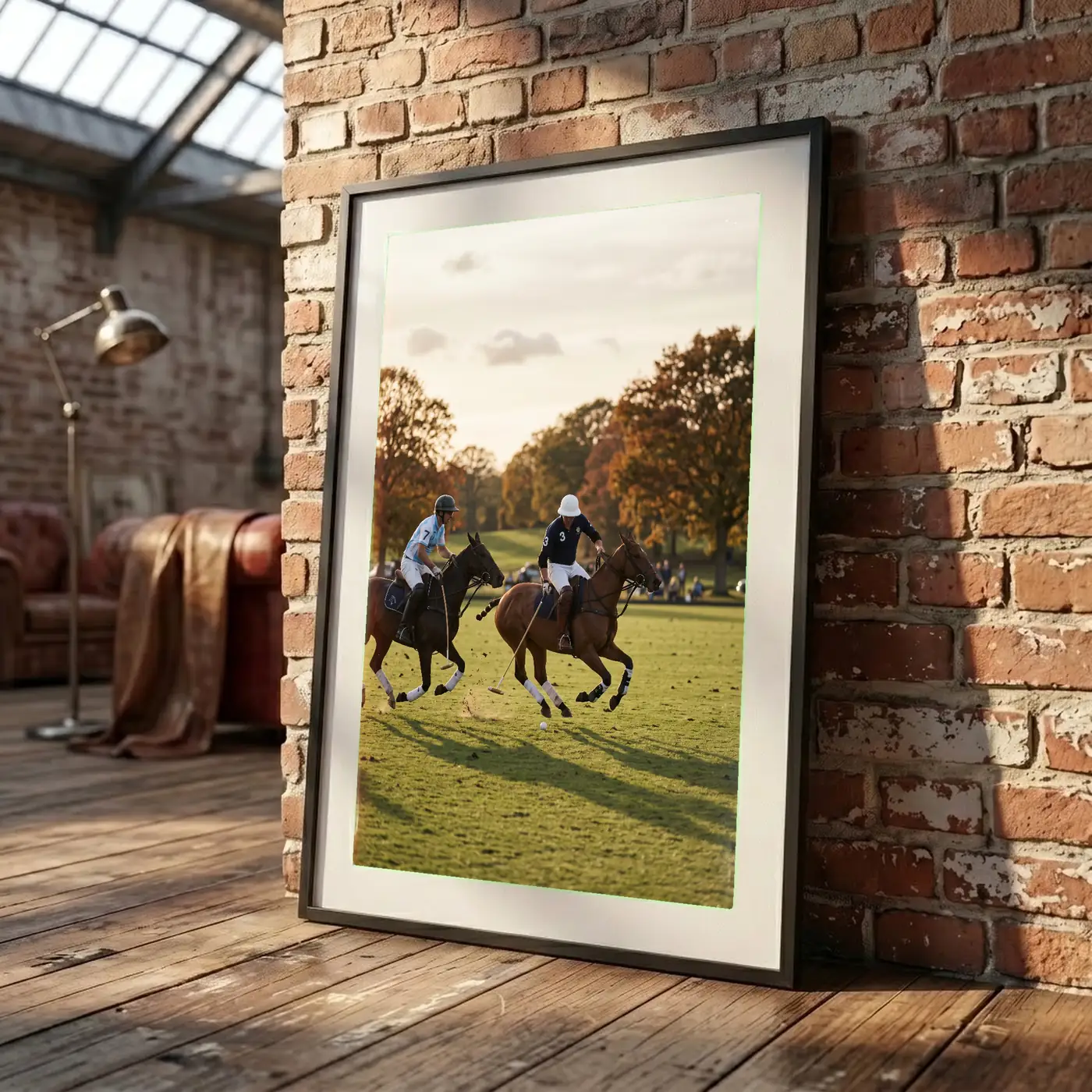 Grand format mural L'Élan du Polo au-dessus d’un canapé - Déco intérieure