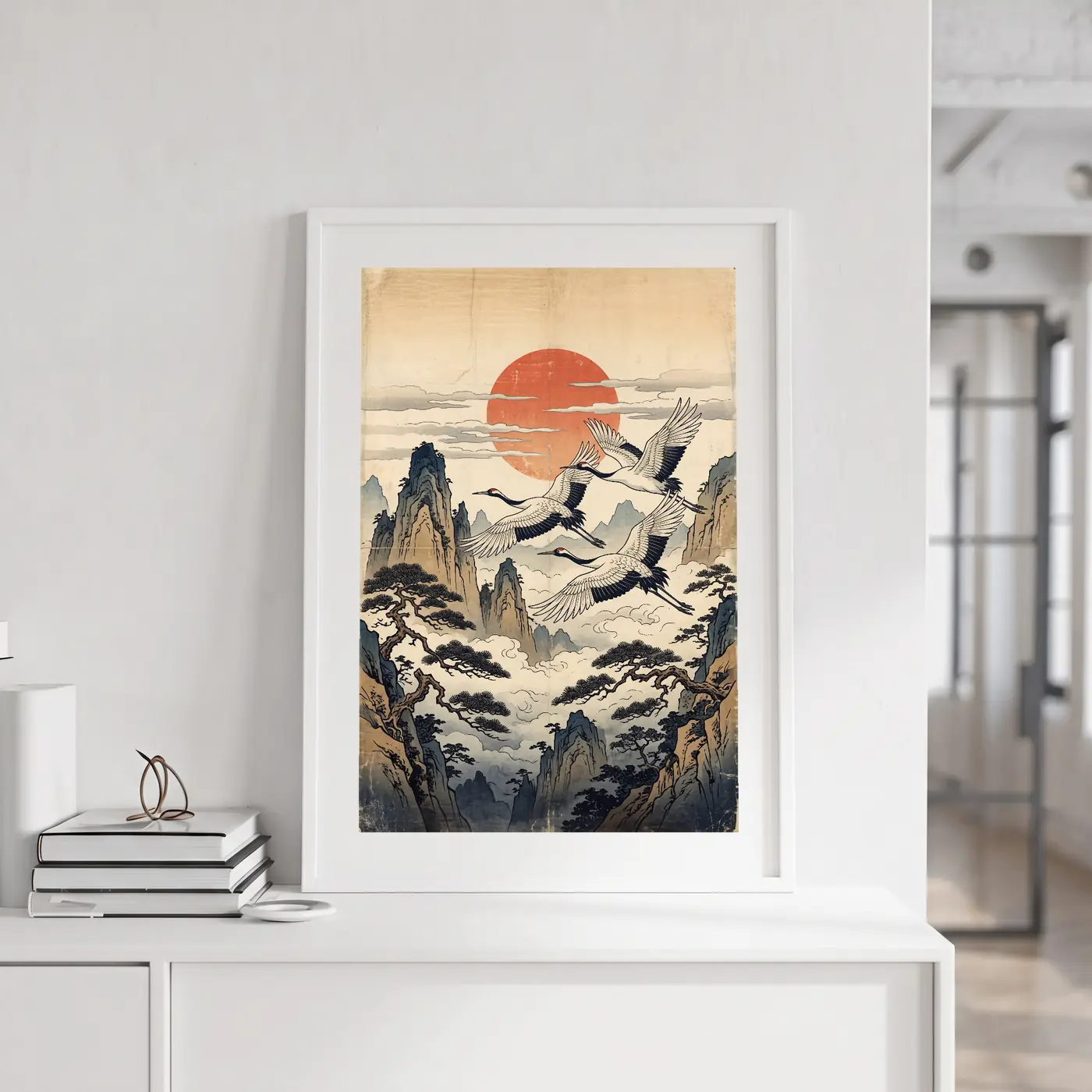 Tableau L'Envol des Grues en situation dans un salon contemporain - Décoration murale