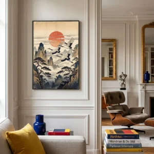 Grand format mural L'Envol des Grues au-dessus d’un canapé - Déco intérieure