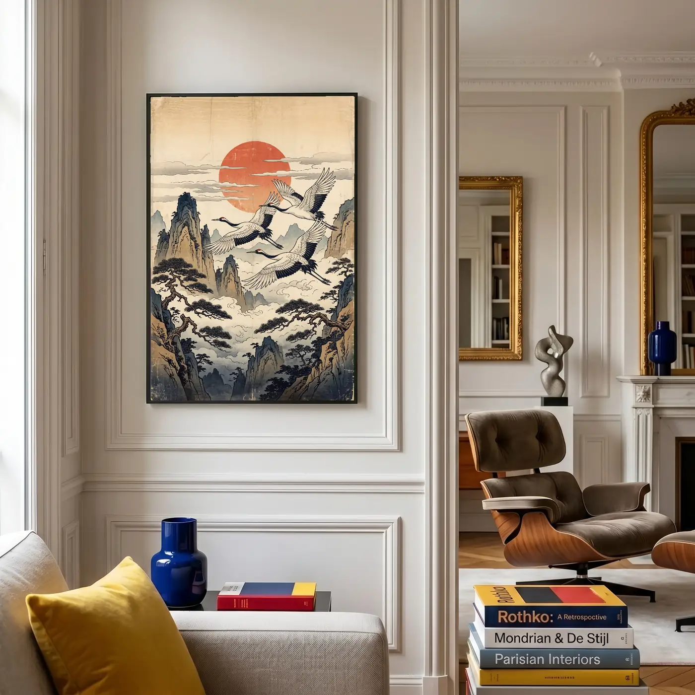 Grand format mural L'Envol des Grues au-dessus d’un canapé - Déco intérieure