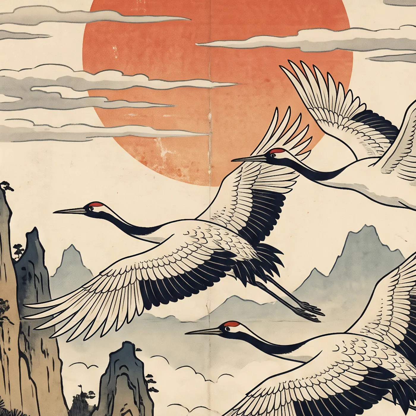Détail de matière, grain et pigments du tirage d’art L'Envol des Grues