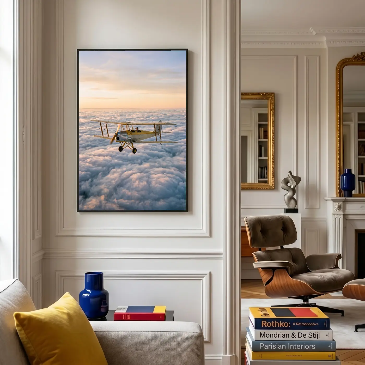 Grand format mural L'Envol Doré au-dessus d’un canapé - Déco intérieure