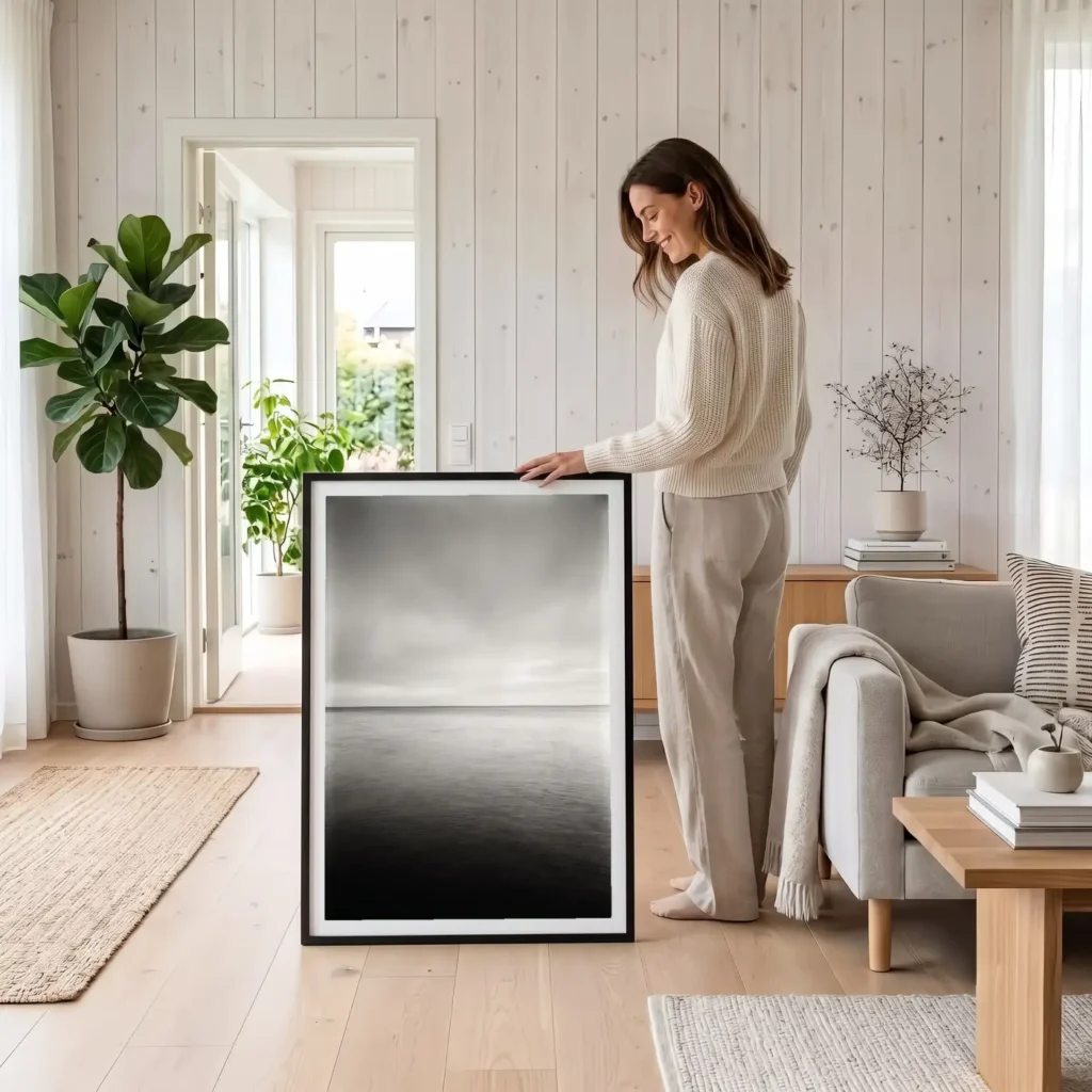 Grand format mural L'Étendue d'Argent au-dessus d’un canapé - Déco intérieure