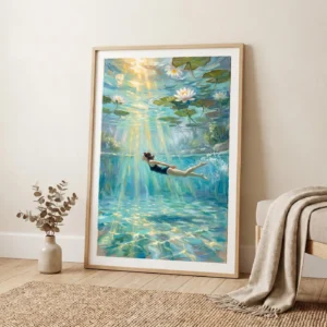 Tableau L'Onde aux Nénuphars en situation dans un salon contemporain - Décoration murale