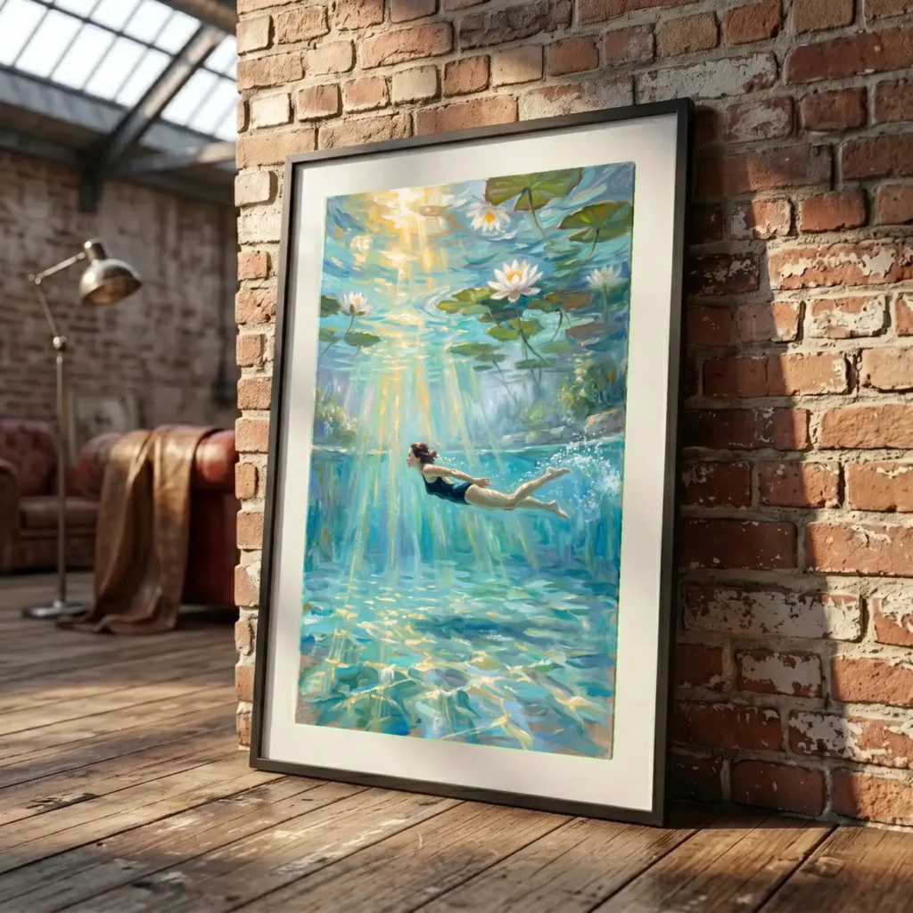 Grand format mural L'Onde aux Nénuphars au-dessus d’un canapé - Déco intérieure