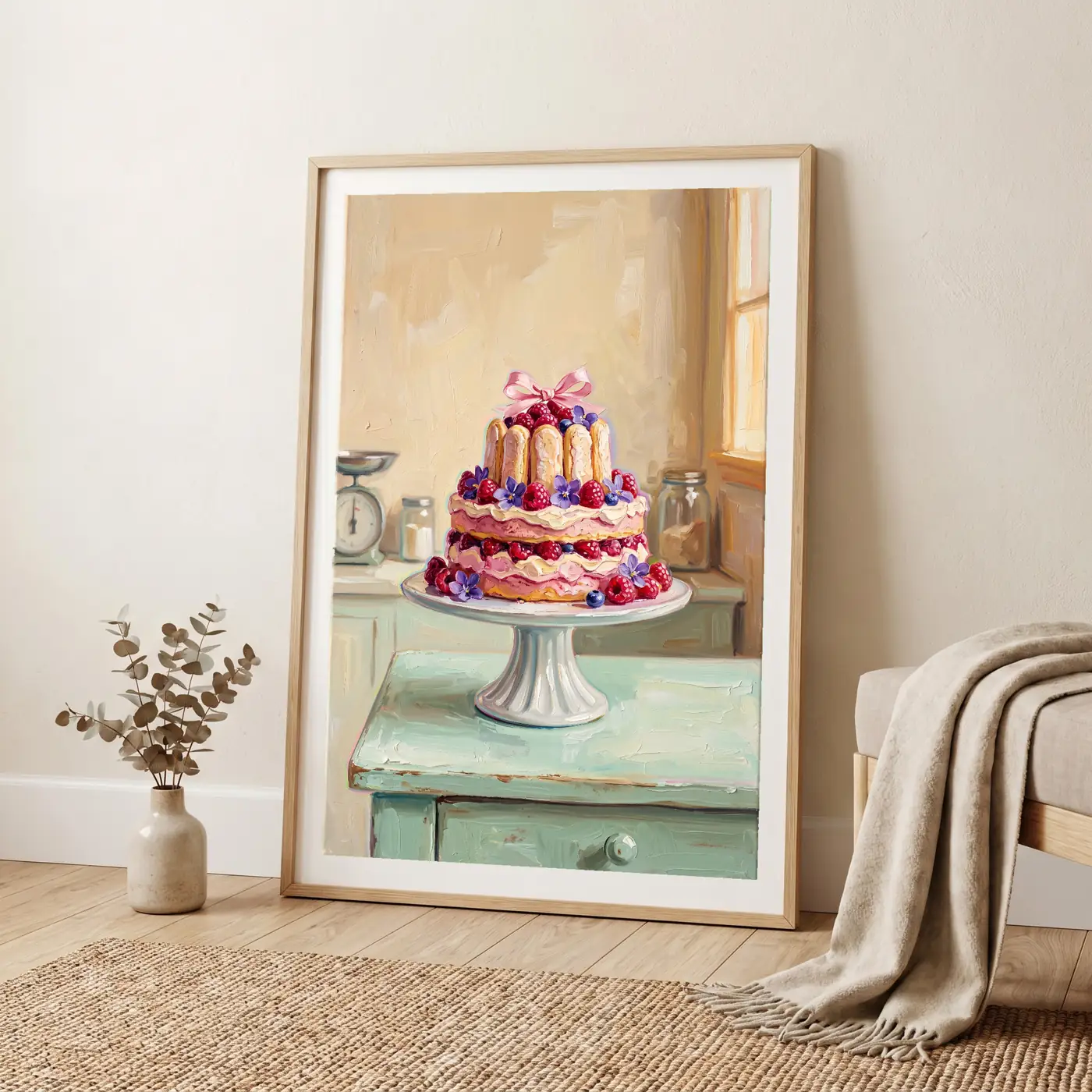 Tableau La Charlotte Framboise en situation dans un salon contemporain - Décoration murale