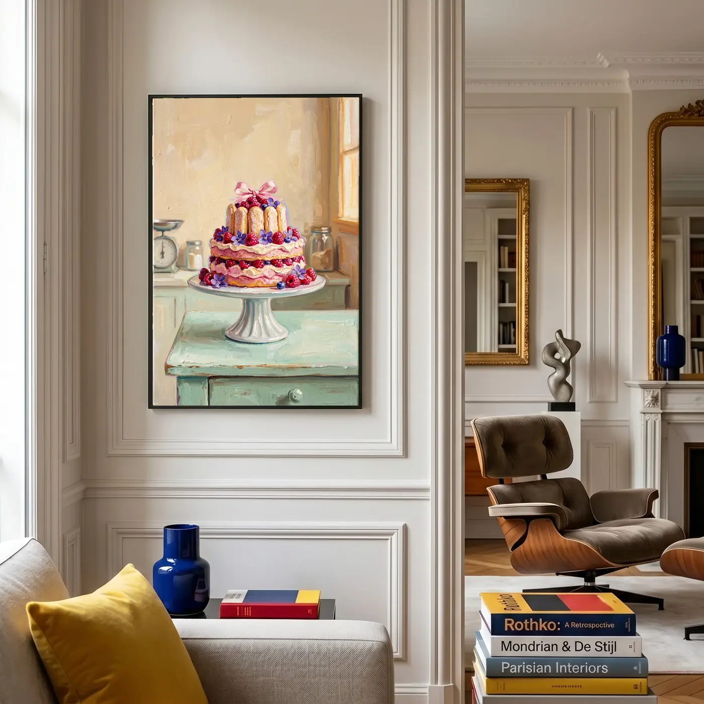 Grand format mural La Charlotte Framboise au-dessus d’un canapé - Déco intérieure