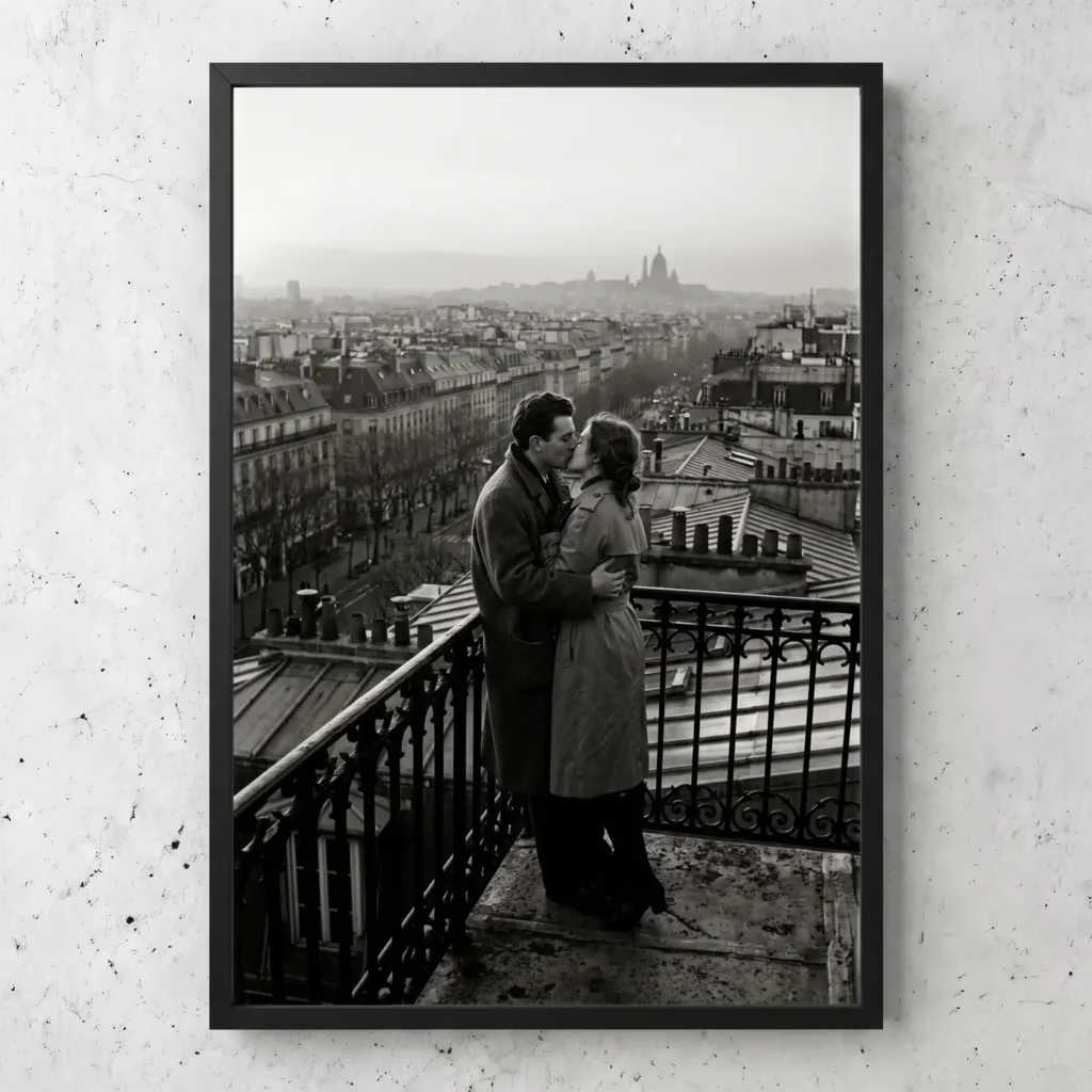 Tableau d’art Le Baiser des Toits encadré - Tirage d’art contemporain