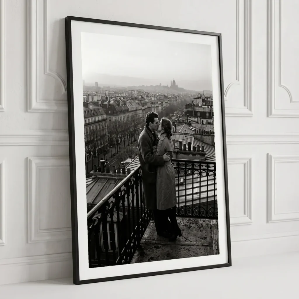 Tableau Le Baiser des Toits en situation dans un salon contemporain - Décoration murale