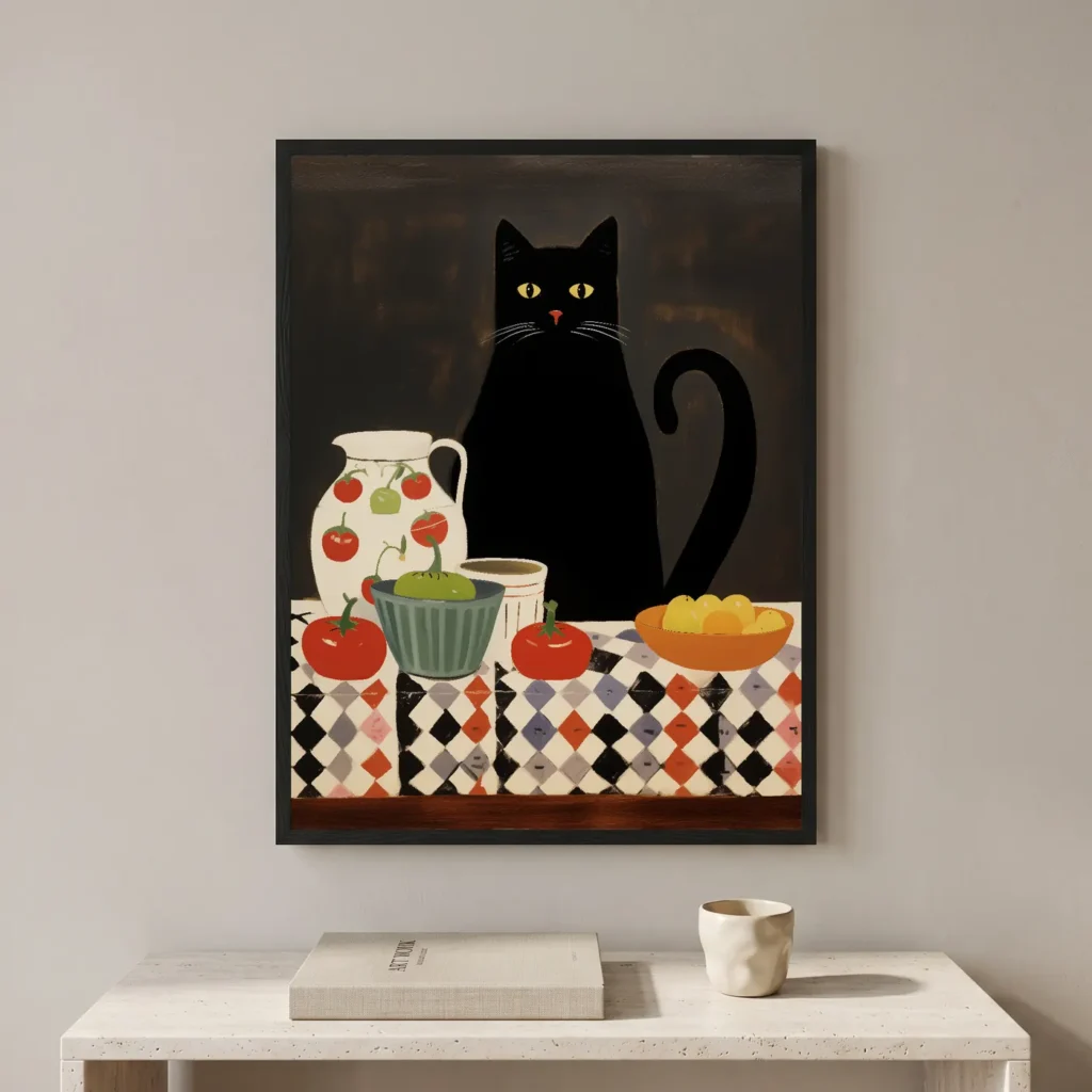 Tableau d'art Le chat attablé encadré - Tirage d'art contemporain