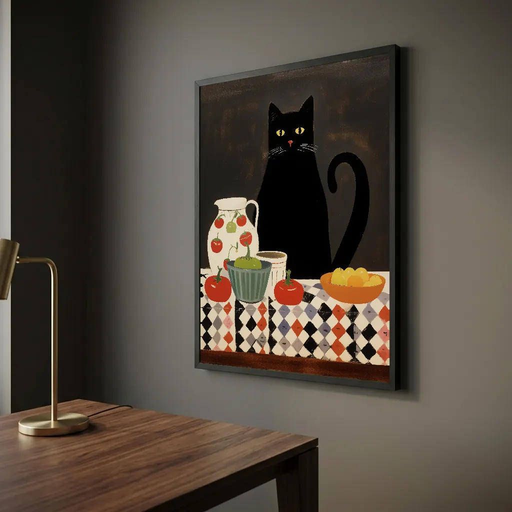 Tableau Le chat attablé en situation dans un salon contemporain - Décoration murale