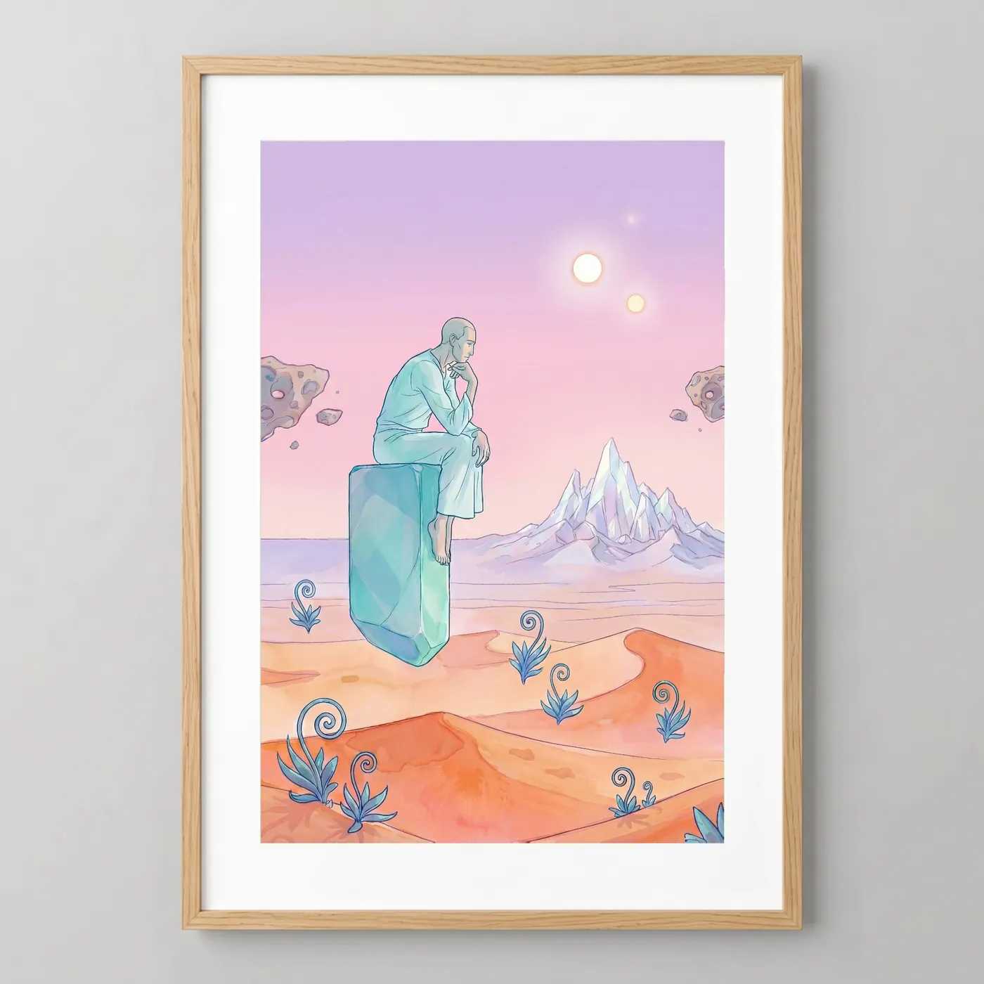 Tableau Le Penseur voyageur sur monolithe flottant dans un cadre bois naturel avec passe-partout