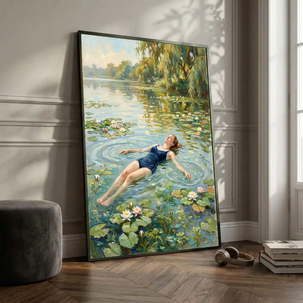 Tableau Le Sommeil des Nymphéas en situation dans un salon contemporain - Décoration murale