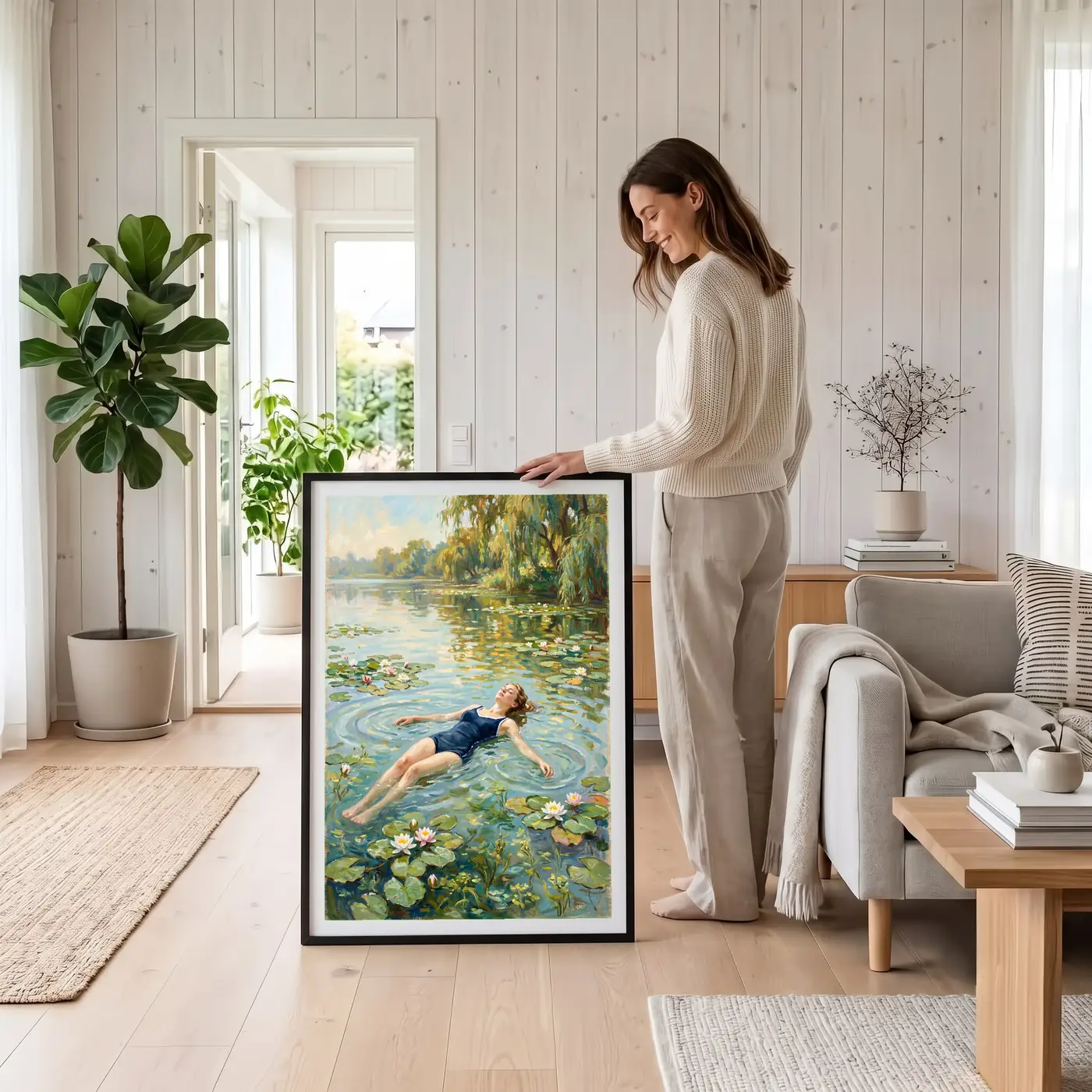 Grand format mural Le Sommeil des Nymphéas au-dessus d’un canapé - Déco intérieure