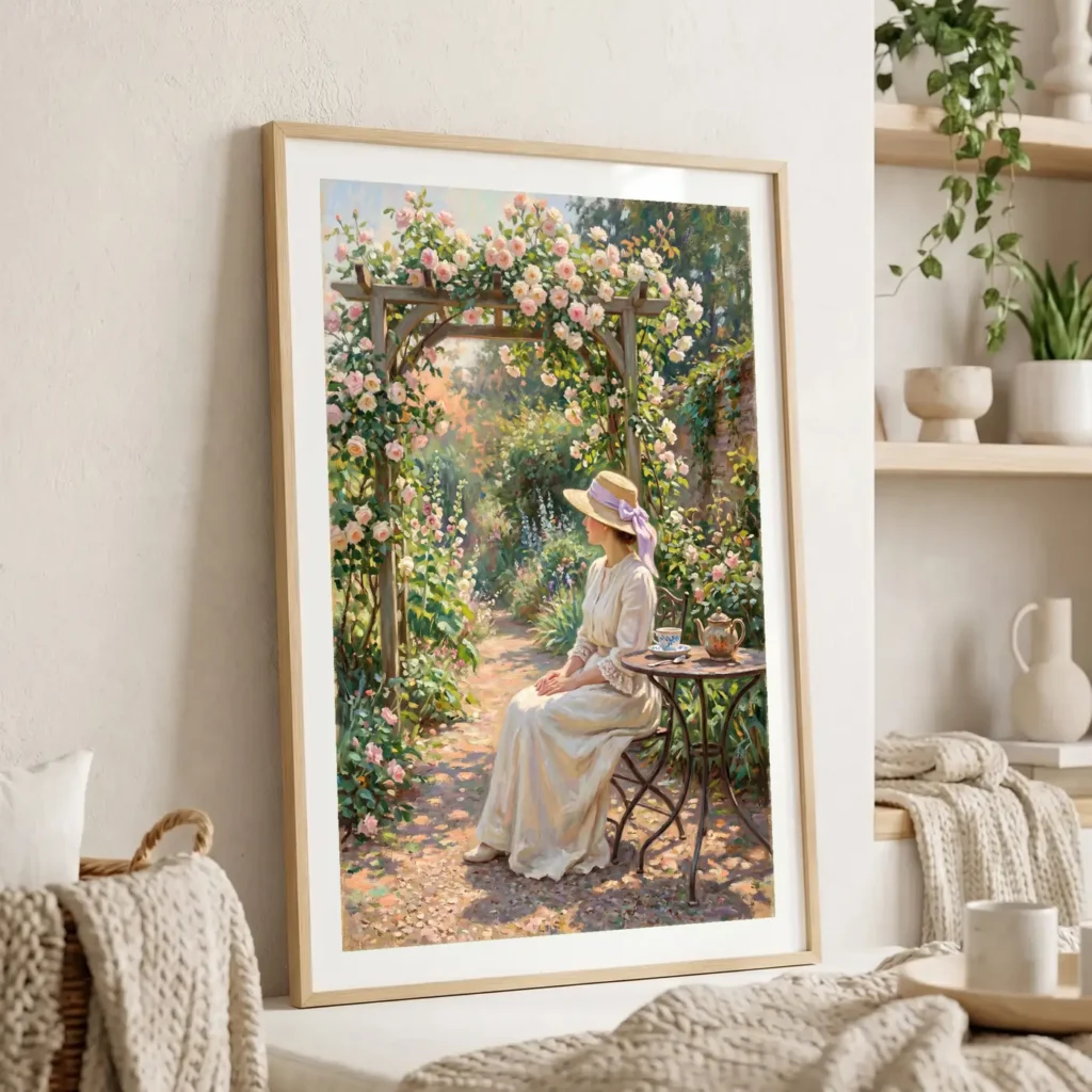 Tableau Le Thé aux Roses en situation dans un salon contemporain - Décoration murale