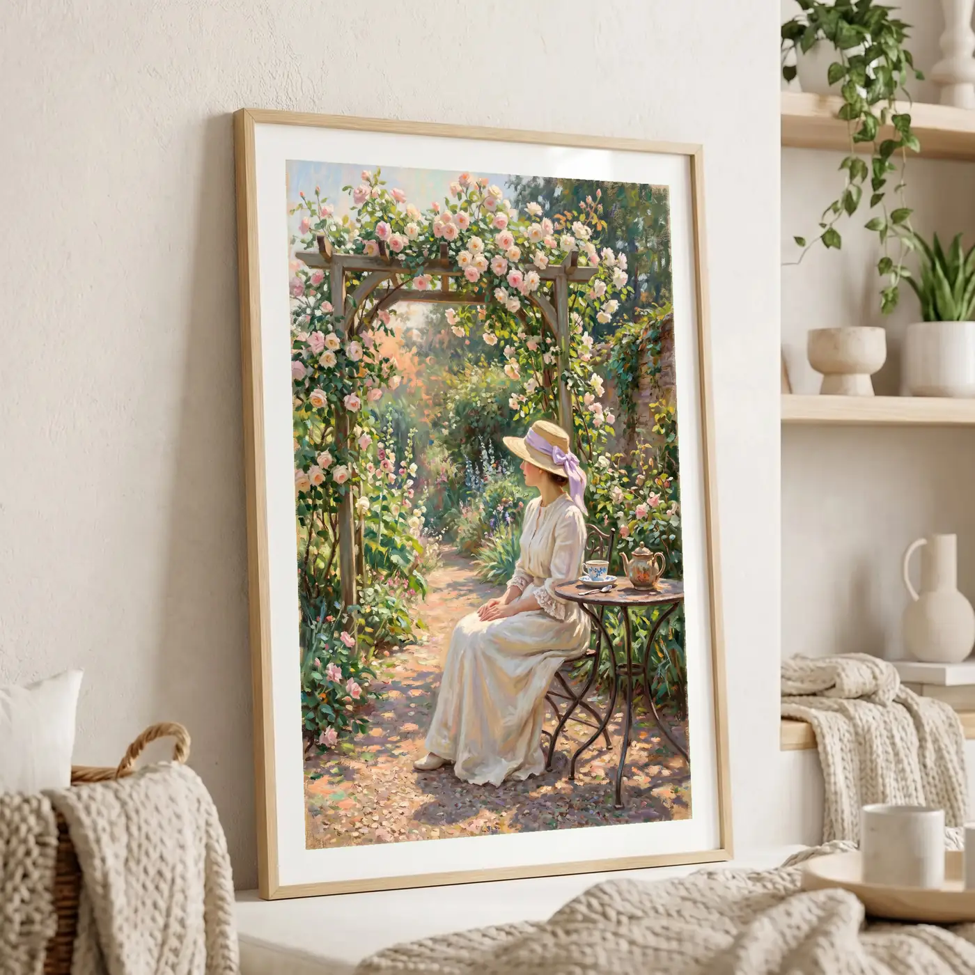 Tableau Le Thé aux Roses en situation dans un salon contemporain - Décoration murale