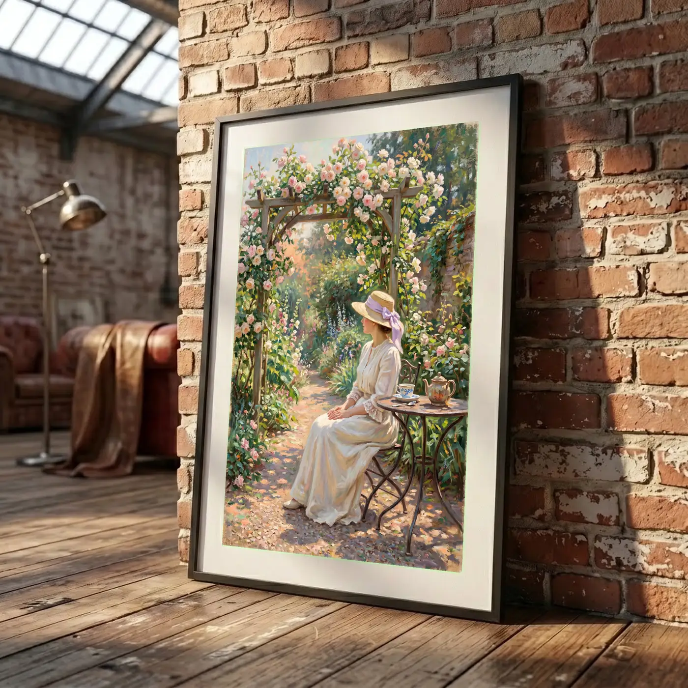 Grand format mural Le Thé aux Roses au-dessus d’un canapé - Déco intérieure