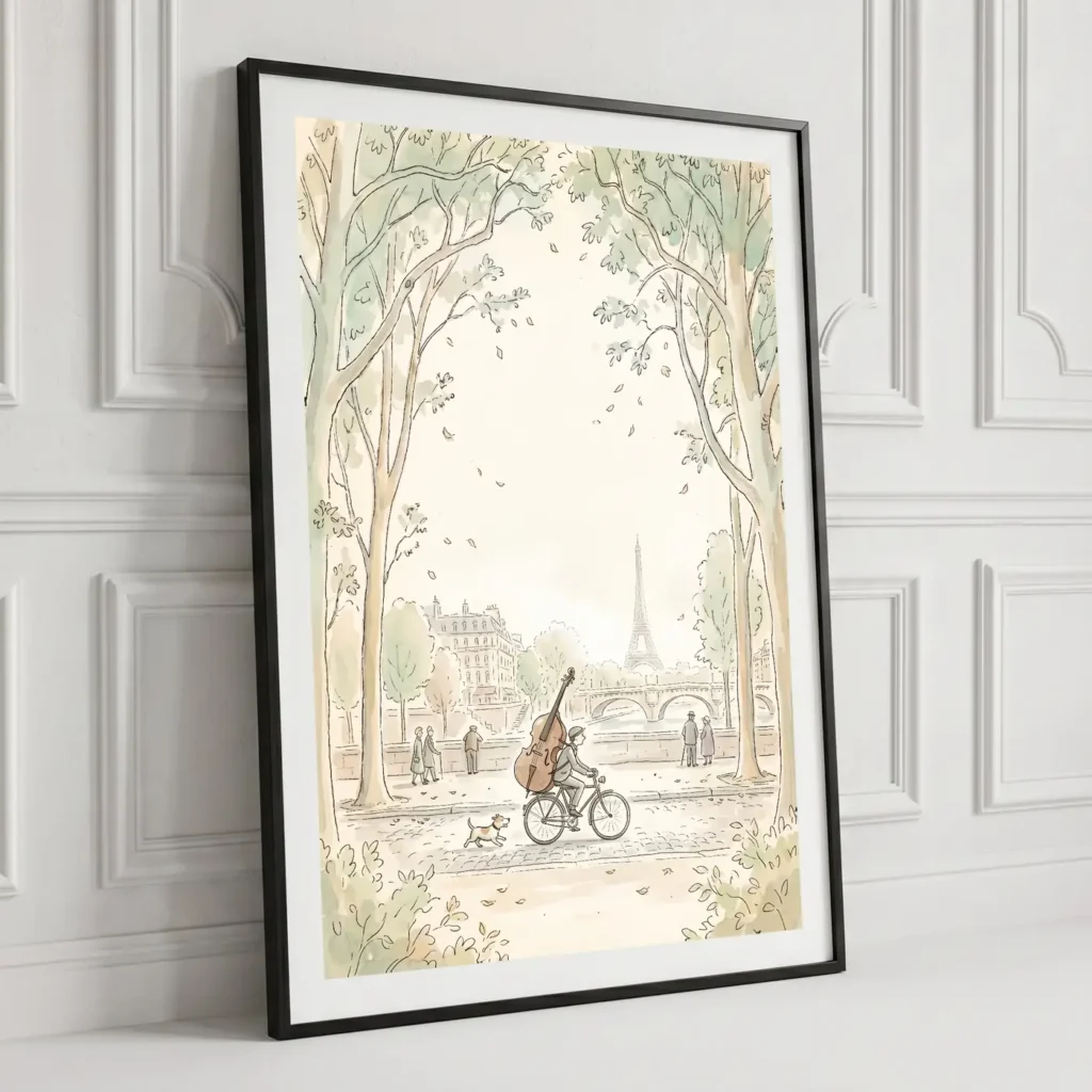 Tableau Le Violoncelle des Quais en situation dans un salon contemporain - Décoration murale