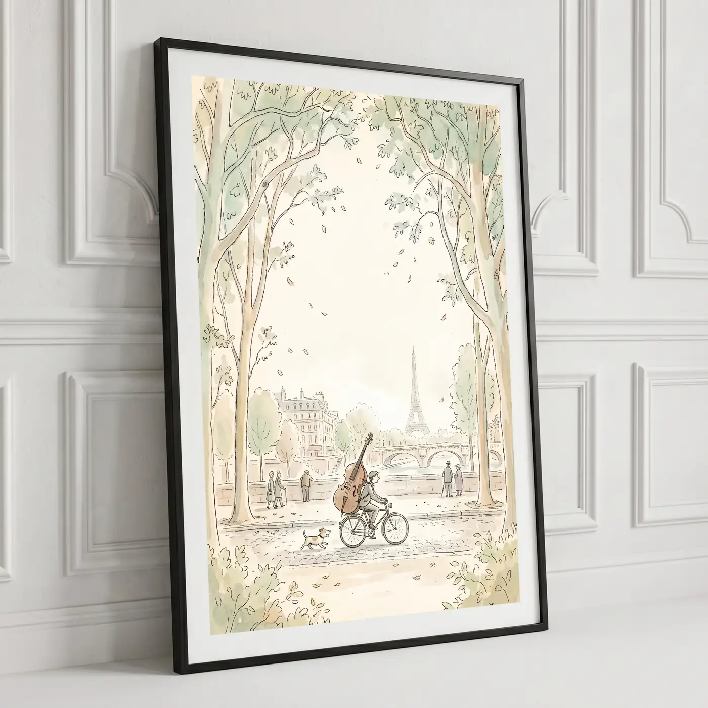 Tableau Le Violoncelle des Quais en situation dans un salon contemporain - Décoration murale