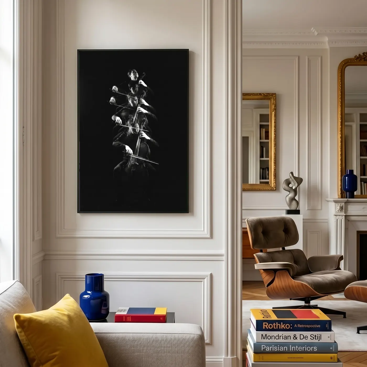 Grand format mural L'Écho du Violoncelle au-dessus d'un canapé - Déco intérieure